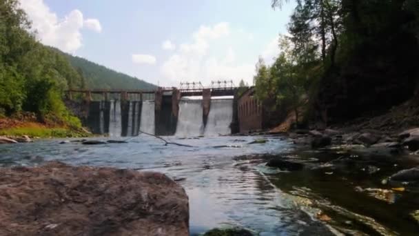 Waterdam midden in het bos - water valt onder de brug in ondiep water — Stockvideo