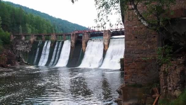Staudamm im Wald - Flusswasser fällt unter die Brücke — Stockvideo