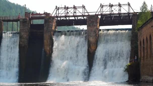 Water dam in het bos - rivier water stroom valt naar beneden de bakstenen muur — Stockvideo