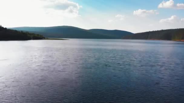 Пейзаж природы - голубая чистая река между лесом — стоковое видео