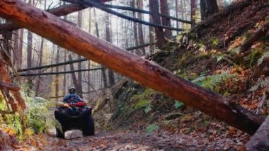 Açık hava aktivitesi - çocukla ormanda ATV kullanan bir adam - ATV 'yi durduran adam tahta bir engel kesiyor