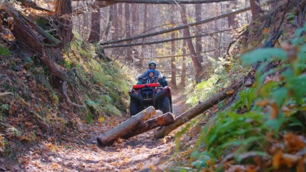 Actividad al aire libre - hombre con su hijo montando vehículos todo terreno en el bosque - montando en obstáculo y quitándolo del camino — Vídeo de stock
