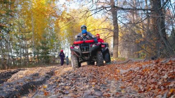 Buitenactiviteiten - mensen die in het bos wandelen en op een ATV zitten — Stockvideo
