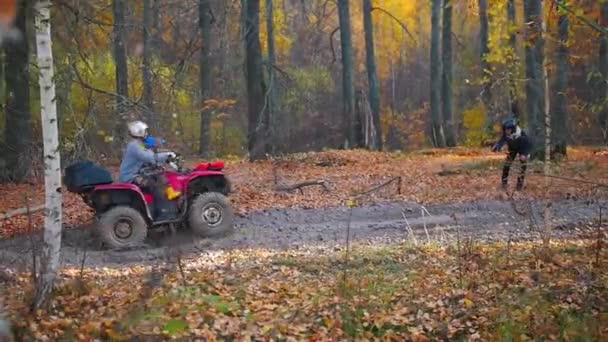 Actividad al aire libre - un hombre con su hijo montando vehículos todo terreno en el bosque y acompañando a la persona que los observa - paseo en el barro — Vídeo de stock