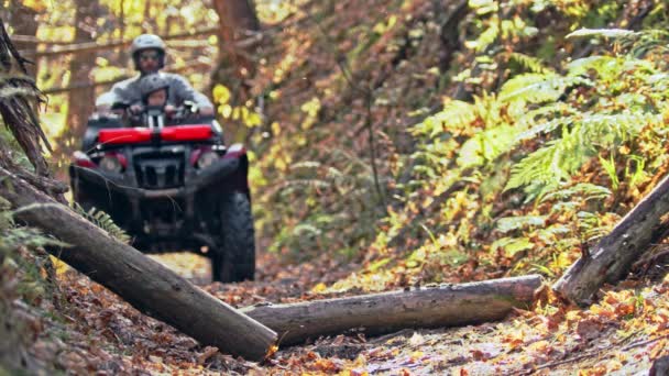 Actividades al aire libre - padre con hijo montando un ATV en el bosque de otoño - montando a un tronco acostado — Vídeos de Stock