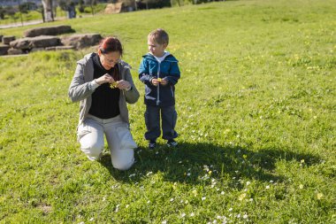 Çimlerin üzerinde diz çöken biyolog anne yabani çiçeklerle dolu bir çayırda oğluna botanik öğretiyor.
