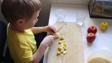 Çocuk dikkatli bir şekilde tahta kesme tahtasıyla elmaları küçük parçalara ayırarak sağlıklı bir aperatif ya da yemek hazırlıyor.