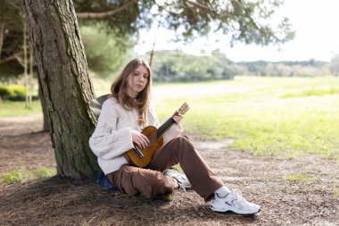 Müzisyen, güneşli bir günde bir parkta telli çalgıyla müzik yapıyor.