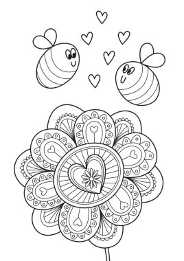 Yetişkin karalaması boyama kitabı sayfa çiçeği ve arılar. Stres önleyici zentangle. Stok vektör illüstrasyonu