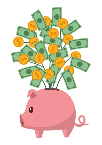 Illustration Des Finanzinvestitionskonzepts Sparschwein Mit Geldbaum Vereinzelt Auf Weißem Hintergrund — Stockvektor