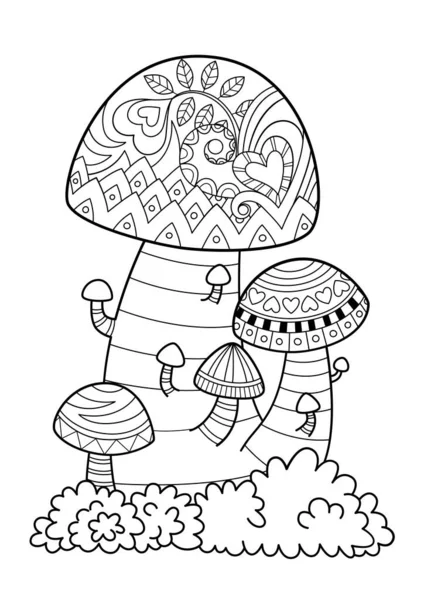 Doodle kleurboek pagina bos paddestoelen. Antistress voor volwassenen. Zwarthoek zwart-wit illustratie. — Stockvector