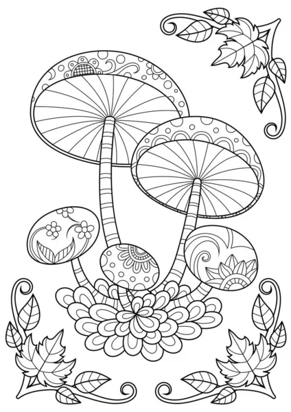 Doodle colorir página do livro cogumelos da floresta. Anti-stress para adultos. Zentangle ilustração em preto e branco . — Vetor de Stock