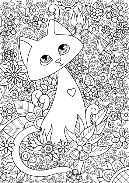 Doodle coloring book page cute cat in flowers. Antistress for adult. — Stock Vector