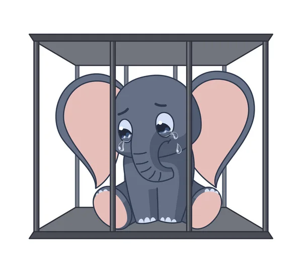 L'elefante sta piangendo nella gabbia. Illustrazione di concetto su crudeltà animale a giardini zoologici e circhi. Giornata internazionale d'azione per gli elefanti negli zoo — Vettoriale Stock