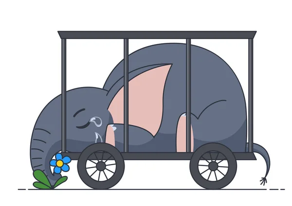 L'elefante sta piangendo nella gabbia sulle ruote. Illustrazione di concetto su crudeltà animale a giardini zoologici e circhi. Giornata internazionale d'azione per gli elefanti negli zoo — Vettoriale Stock
