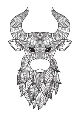 Boğa karalama kitabı sayfası. Yetişkinler için stres giderici. Zentangle tarzı. Yılın Çin sembolü Doğu burcundaki boğa. Siyah beyaz illüstrasyon