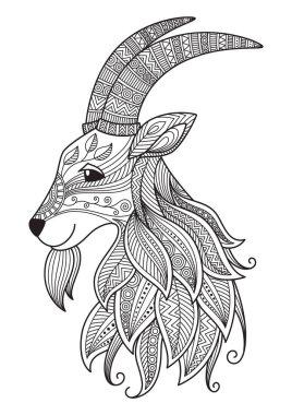 Keçi boyama kitabı sayfası. Yetişkinler için stres giderici. Zentangle tarzı. Yılın Çin sembolü. Doğu burcundaki keçi. Siyah beyaz illüstrasyon