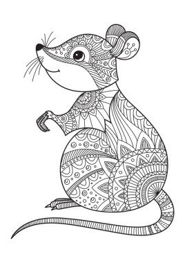 Fare karalama kitabı sayfası. Yetişkinler için stres giderici. Zentangle tarzı. Yılın Çin sembolü. Doğu burcundaki sıçan. Siyah beyaz illüstrasyon
