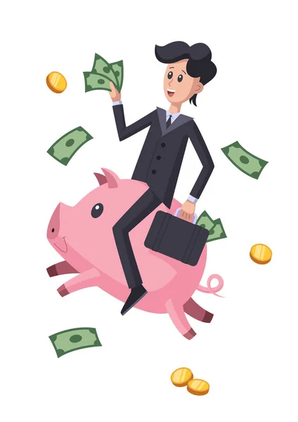 Erfolgreicher Geschäftsmann beim Sparschweinreiten. Erfolgreiche Investitionen, Wohltätigkeit, finanzieller Erfolg. — Stockvektor