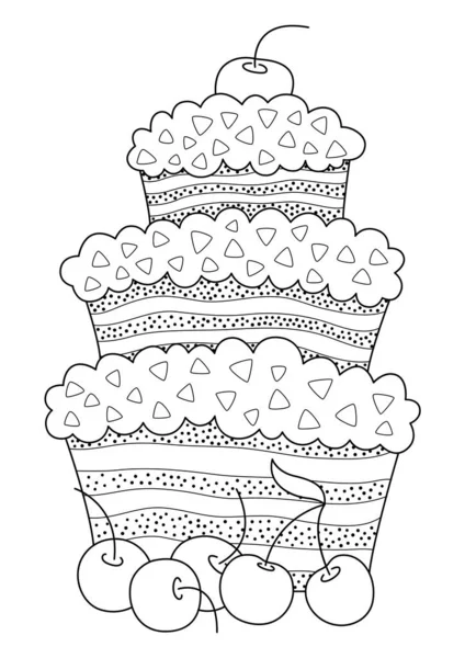 Cake doodle coloring book page. Antistress for adults. — Stock Vector