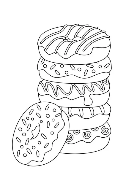 Doodle coloring book page donut pile. Sweets contour illustration. — Stock Vector