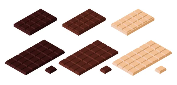 Barras de chocolate isométricas e pieses. Escuro, leite e chocolate branco. Isolado sobre fundo branco — Vetor de Stock