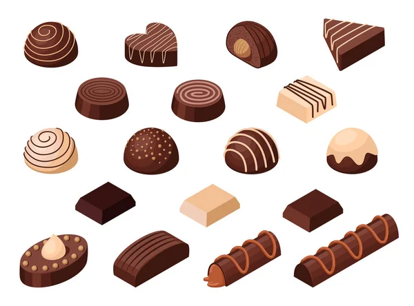 Conjunto de vectores isométricos de caramelos de chocolate diferentes tipos y formas. Aislado sobre fondo blanco. Ilustración del vector de alimentos dulces . — Vector de stock