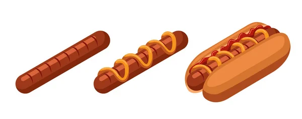 Izometrikus hot dog. Hot dog és kolbász elszigetelt fehér alapon. — Stock Vector