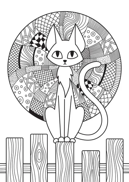 Doodle coloring book page cat and moon. Antistress zentangle for adults — Stock Vector