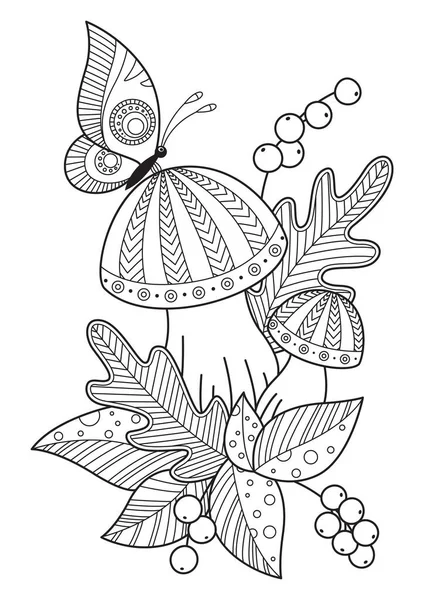 Autumn Doodle Colorir Página Livro Cogumelos Folhas Bagas Stress Para — Vetor de Stock