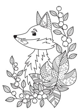 Sonbahar tilkisi boyama kitabı sayfası. Yetişkinler için Zentangle antistresi. Siyah-beyaz çizim. Stok vektörü.