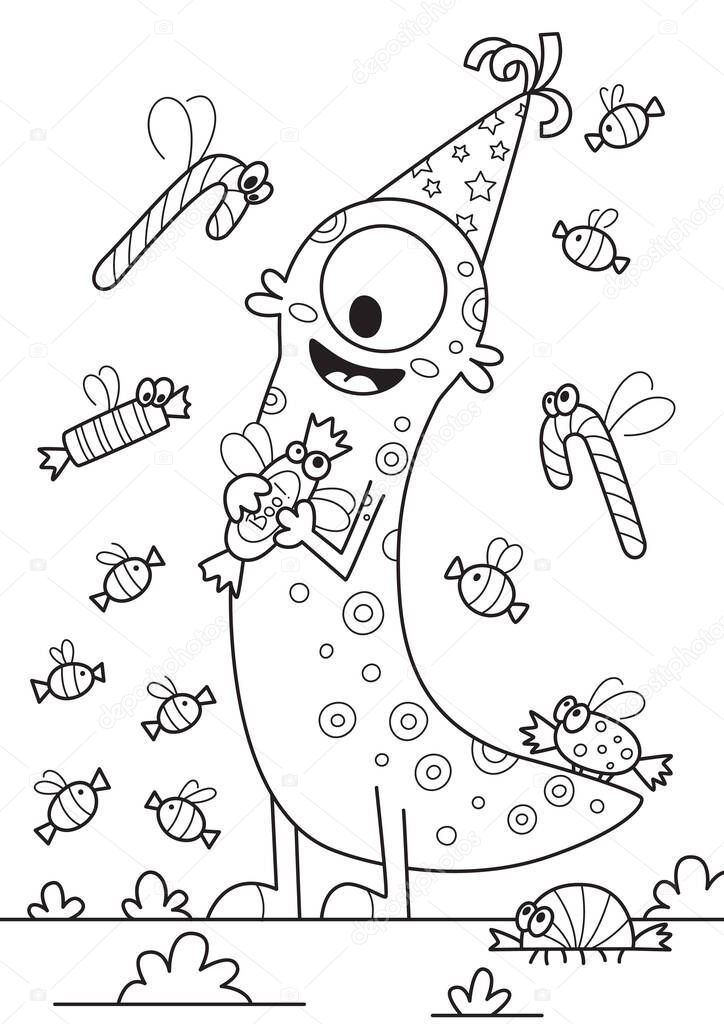 Doodle halloween coloring book page cute monster. Antistress for adults and children. Vector black and white illustrarion. Stock vector.