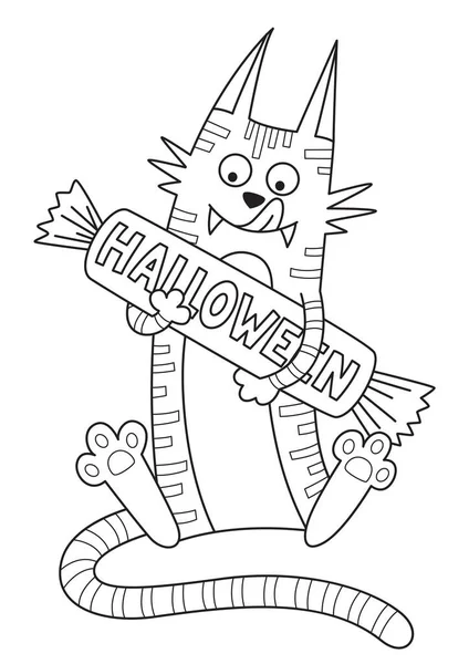 Дудл Хэллоуин книга раскраски страницы милый монстр с конфетами. Антистресс для взрослых и детей. Векторный чёрно-белый иллюстрарион — стоковый вектор