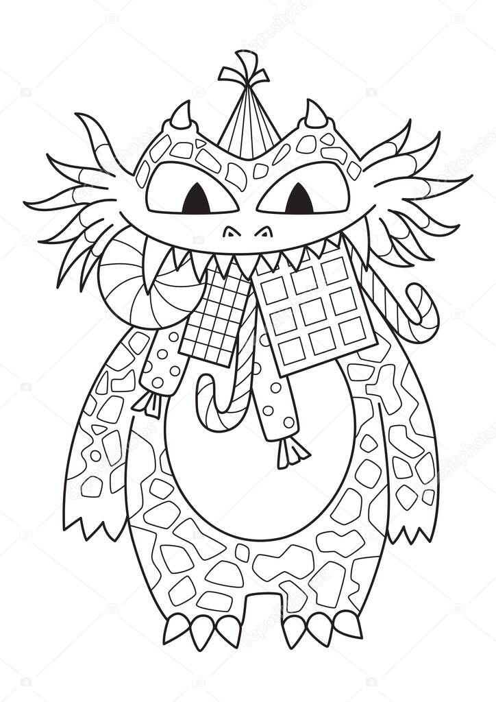 Doodle halloween coloring book page cute monster with sweets. Antistress for adults and children. Vector black and white illustrarion