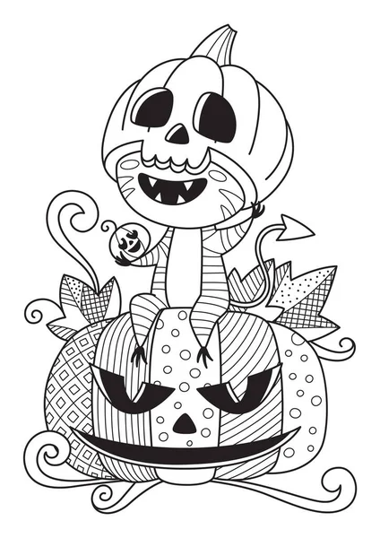 Doodle halloween libro para colorear página lindo monstruo y calabaza. Antiestrés para adultos y niños. Ilustración vectorial en blanco y negro — Vector de stock
