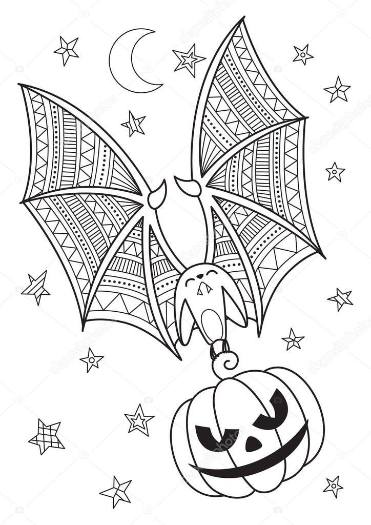 Halloween doodle coloring book page bat with pumpkin. Antistress for adults black and white illustration.