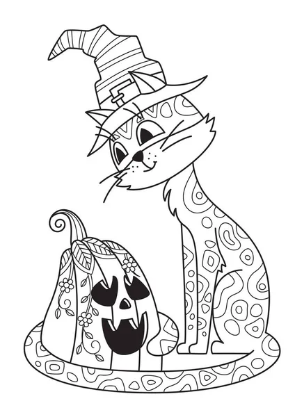 Halloween doodle coloriage livre page chat et citrouille. Zentangle anti-stress pour adultes. Illustration en noir et blanc. — Image vectorielle