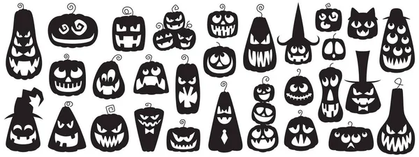 Απόκριες σκαλισμένα κολοκύθα σιλουέτα σετ. Ο Τζακ ο Λάντερν σχεδιάζει με διαφορετικά πρόσωπα. Μαύρα σχήματα σε λευκό φόντο. Για διακόσμηση και σχεδιασμό Halloween. — Διανυσματικό Αρχείο