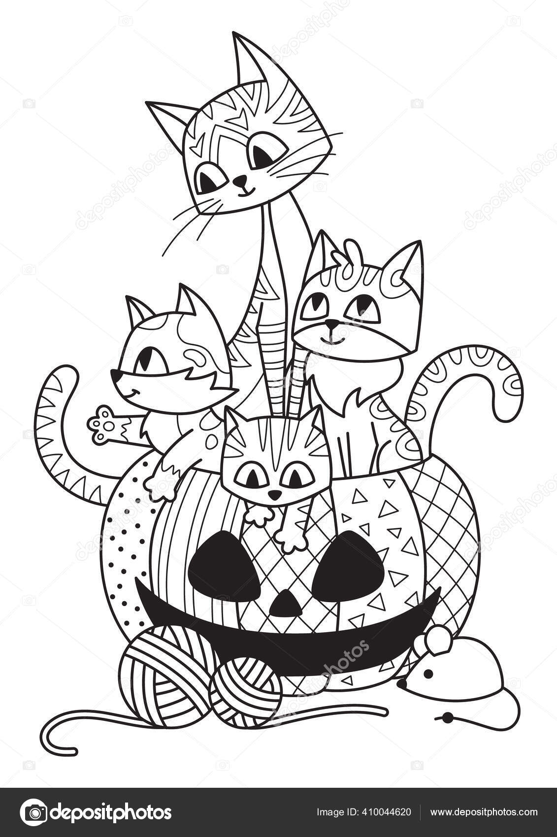 ハロウィンカボチャと猫の人形のぬり絵の本のページ。大人のための抗ストレス.概要黒と白のイラスト ストックベクター ©SilverKitten  410044620, image size:1131x1700