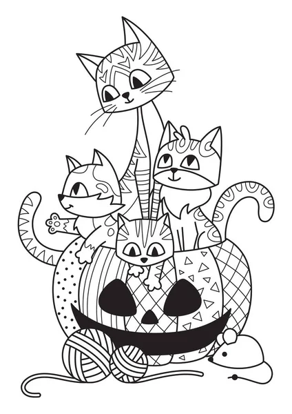 Calabaza de Halloween y gatos garabato para colorear página del libro. Antiestrés para adultos. Esquema ilustración en blanco y negro — Archivo Imágenes Vectoriales