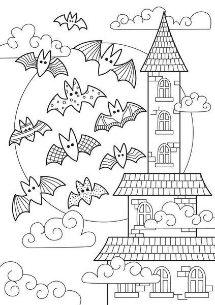 Doodle Halloween coloring book page spooky castle and bats on full moon. Antistress for adults and children in zentangle style. Black and white contour illustration