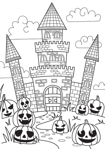 Doodle Halloween Malbuch Seite gruselige Burg und Halloween-Kürbisse. Antistress für Erwachsene und Kinder im Zentangle-Stil. Schwarz-weiße Konturabbildung — Stockvektor