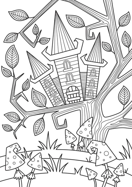 Doodle Halloween Malbuch Seite gruselige Haus im Wald. Antistress für Erwachsene und Kinder im Zentangle-Stil. Schwarz-weiße Konturabbildung — Stockvektor