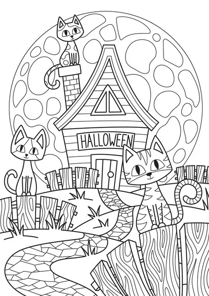 Дудл Хэллоуин раскраски страницы жуткий дом и кошки в полнолуние. Антистресс для взрослых и детей в стиле хай-тек. Черно-белая иллюстрация — стоковый вектор
