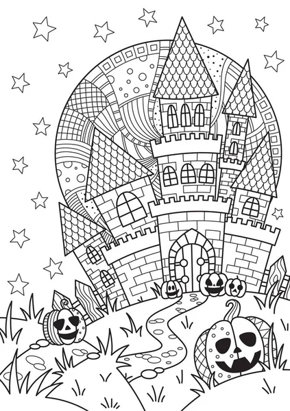 Doodle Halloween Malbuch Seite gruselige Burg und Halloween-Kürbisse auf den Vollmond. Antistress für Erwachsene und Kinder im Zentangle-Stil. Schwarz-weiße Konturabbildung — Stockvektor