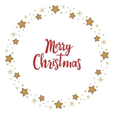 Ortasında Mutlu Noeller yazan yıldızlardan yapılmış bir Noel çerçevesi. Tabaklar, yuvarlak paketler ve diğer şenlikli dekorasyonlar için Noel ve Yeni Yıl kutlamaları sınırı. Vektör şablonu.