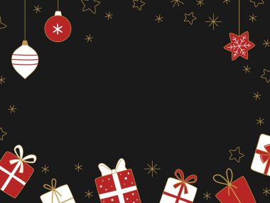 Karikatür karalama hediyeleri ve siyah arka planda takılar olan bir Noel sınırı. Noel ve Yeni Yıl sınırı, şenlik çerçevesi. Tebrik kartları, davetiyeler ve şenlik tasarımı için tatil arkaplanı. Metin için yer.