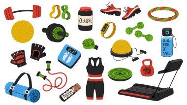 Spor ekipmanı vektörü ayarlandı. Beden eğitimi, fitness ve yoga envanteri, kilo kaybı, egzersiz, sağlıklı ve aktif yaşam tarzı. Egzersiz makineleri, çanta, paspas, spor giysileri, halter, halterler. Beyaz arkaplanda izole.