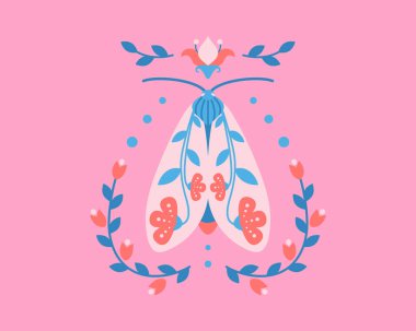 Soyut simetrik vektör çizimi. Çiçekli renkli halk güvesi, pembe arka planda düz stil yapraklar