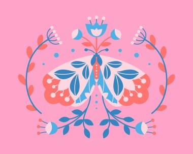 Soyut simetrik vektör çizimi. Çiçekli renkli halk güvesi, pembe arka planda düz stil yapraklar